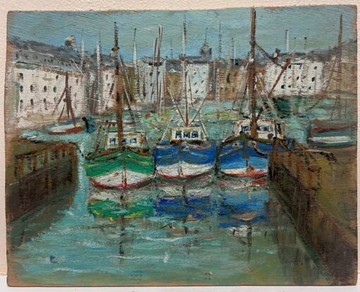 French Impressionist Charming Harbour Scene with Colourful Boats Oil Painting - Image 2