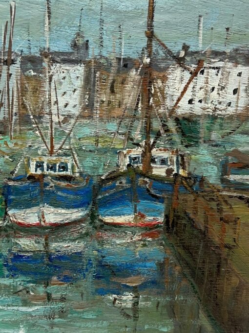 French Impressionist Charming Harbour Scene with Colourful Boats Oil Painting - Image 3