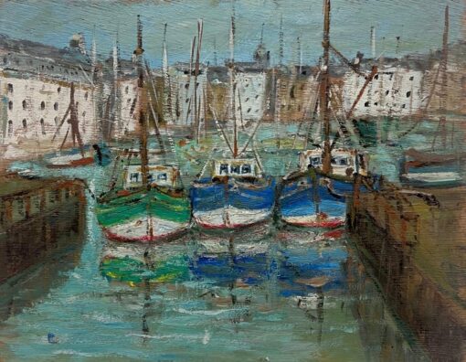 French Impressionist Charming Harbour Scene with Colourful Boats Oil Painting - Image 4