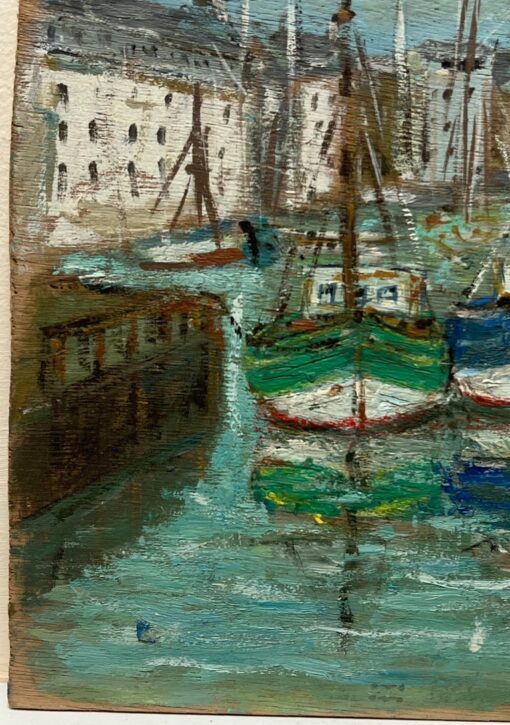 French Impressionist Charming Harbour Scene with Colourful Boats Oil Painting - Image 5