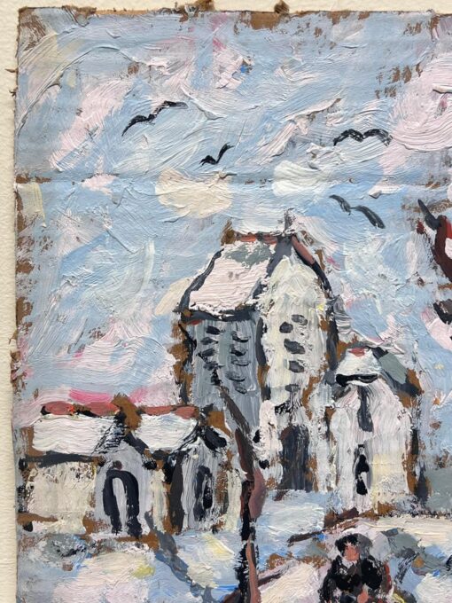 French Impressionist Winter Norman Village Snow Scene with Figure and Church - Image 3