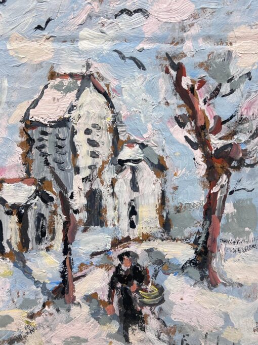 French Impressionist Winter Norman Village Snow Scene with Figure and Church - Image 5