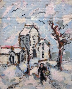 French Impressionist Winter Norman Village Snow Scene with Figure and Church