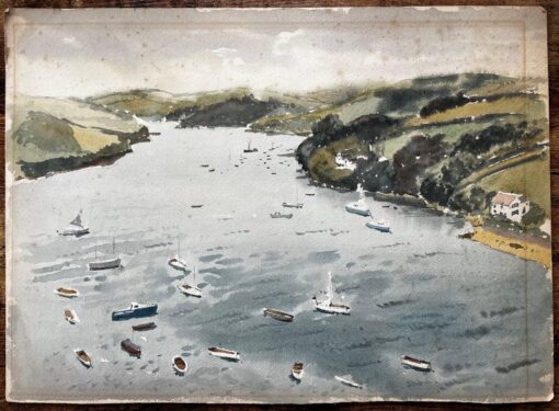 1963 Watercolour of Salcombe Harbour Devon with Boats, Estuary and Hillside View - Image 2