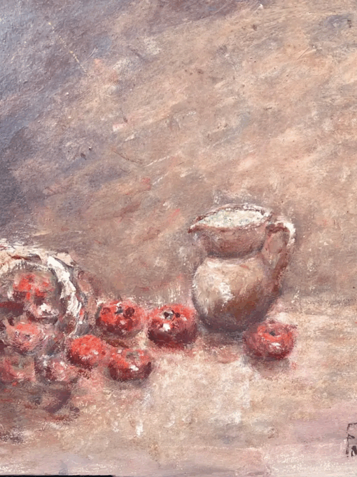 Still Life Red Apples Spilling From Woven Basket and Ceramic Jug Oil Painting - Image 3