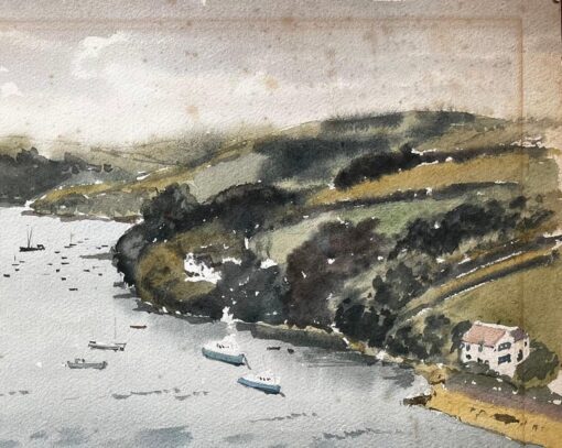 1963 Watercolour of Salcombe Harbour Devon with Boats, Estuary and Hillside View - Image 3