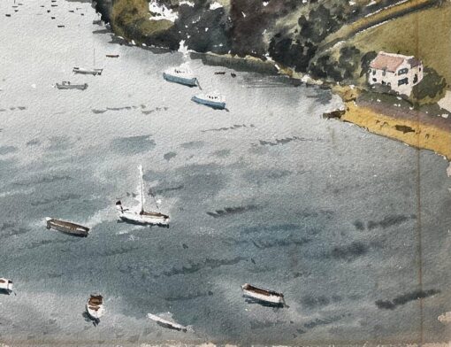 1963 Watercolour of Salcombe Harbour Devon with Boats, Estuary and Hillside View - Image 4