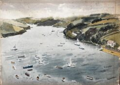 1963 Watercolour of Salcombe Harbour Devon with Boats, Estuary and Hillside View