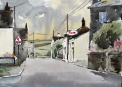 1977 Watercolour of St. Teath Village Street, North Cornwall with Esso Sign