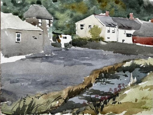 1977 Watercolour of Boscastle Village North Cornwall with Hill View and Cottages - Image 4