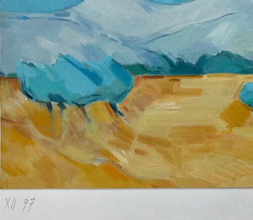 Original Oil Painting of Golden Fields with Distant Mountains and Blue Sky - Image 5