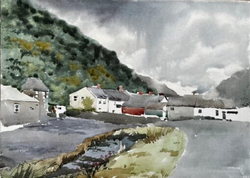 1977 Watercolour of Boscastle Village North Cornwall with Hill View and Cottages