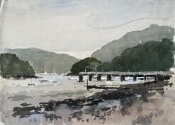 1982 Watercolour of Dittisham River Dart Devon with Boats and Woodland Hills