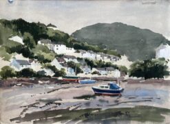 1982 Watercolour of Newton Ferrers Devon with Boats, Hills and Coastal Cottages