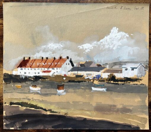 1981 Watercolour of Axmouth East Devon with Boats, Red Roofs and Estuary View - Image 2
