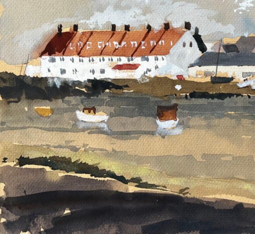 1981 Watercolour of Axmouth East Devon with Boats, Red Roofs and Estuary View - Image 6