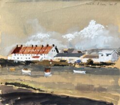 1981 Watercolour of Axmouth East Devon with Boats, Red Roofs and Estuary View