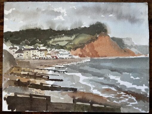 1991 Watercolour of Sidmouth East Devon with Cliffs, Sea and Coastal Townscape - Image 2