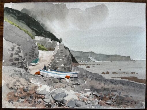 1987 Watercolour of Bucks Mills North Devon with Fishing Boats, Cliffs and Shore - Image 2
