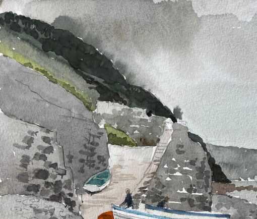 1987 Watercolour of Bucks Mills North Devon with Fishing Boats, Cliffs and Shore - Image 3