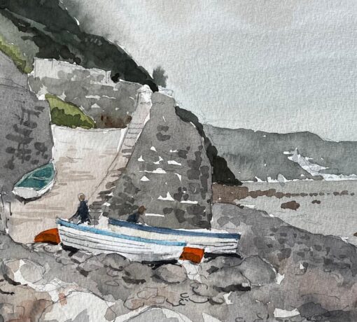 1987 Watercolour of Bucks Mills North Devon with Fishing Boats, Cliffs and Shore - Image 7