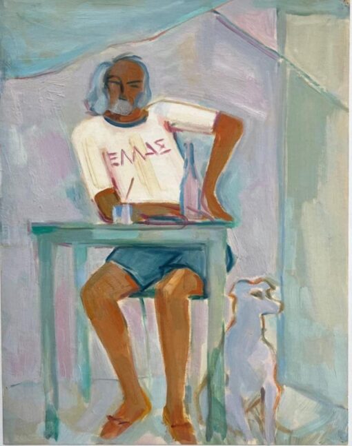 Original Oil Painting of Seated Man at a Table with Dog by His Side