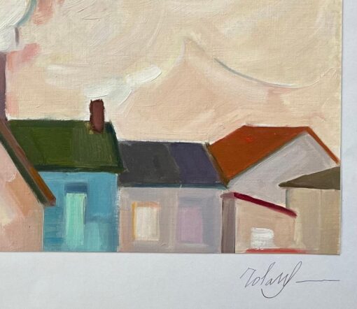 Original Oil Painting of Urban Rooftops with Chimneys and Smoke - Image 3