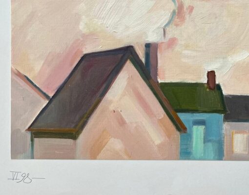 Original Oil Painting of Urban Rooftops with Chimneys and Smoke - Image 4