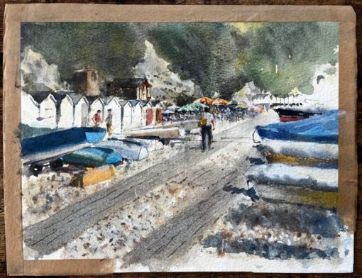 Beer Devon Beach Scene with Boats Beach Huts and Umbrellas Watercolour Painting - Image 2