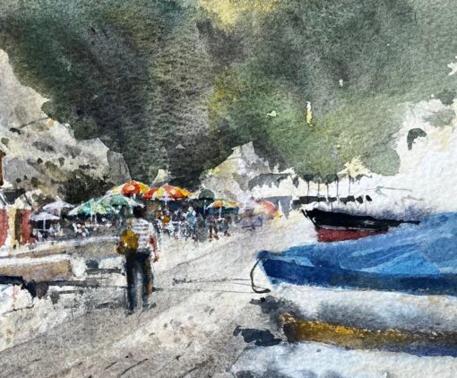 Beer Devon Beach Scene with Boats Beach Huts and Umbrellas Watercolour Painting - Image 3