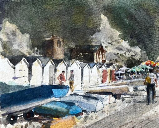 Beer Devon Beach Scene with Boats Beach Huts and Umbrellas Watercolour Painting - Image 4