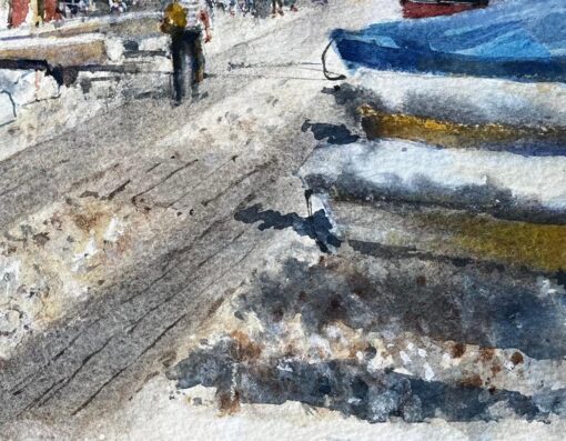 Beer Devon Beach Scene with Boats Beach Huts and Umbrellas Watercolour Painting - Image 5