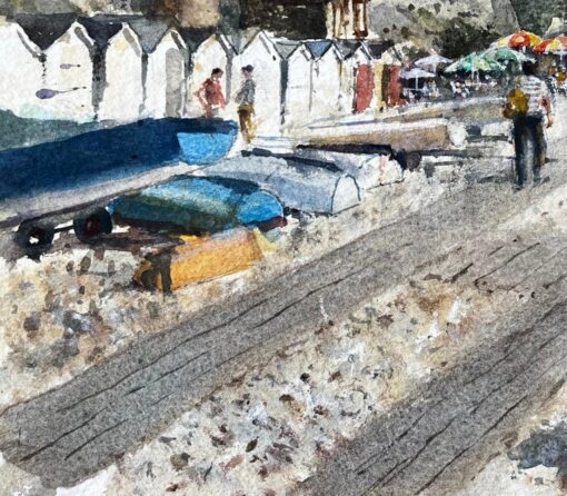 Beer Devon Beach Scene with Boats Beach Huts and Umbrellas Watercolour Painting - Image 6