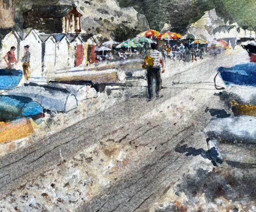 Beer Devon Beach Scene with Boats Beach Huts and Umbrellas Watercolour Painting - Image 7