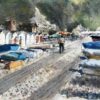 Beer Devon Beach Scene with Boats Beach Huts and Umbrellas Watercolour Painting