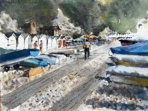 Beer Devon Beach Scene with Boats Beach Huts and Umbrellas Watercolour Painting