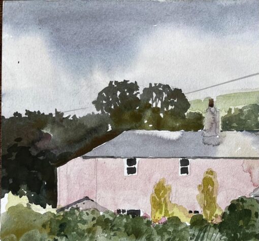 Bude Cornwall Pink House Landscape with Trees and Garden Watercolour 1978 - Image 3