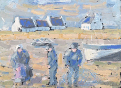 Fisherfolk Figures Prepping the Casting On The Shore Landscape Oil Painting