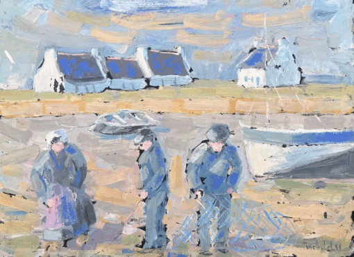 Fisherfolk Figures Prepping the Casting On The Shore Landscape Oil Painting