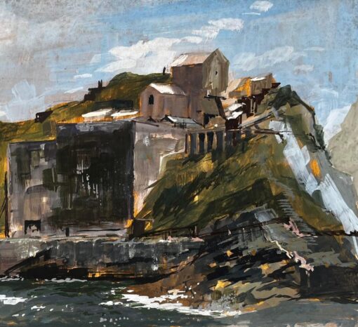 Porthonstock Cornwall Clifftop Coastal Industrial Ruins Acrylic on Board 1968 - Image 3