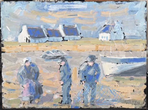 Fisherfolk Figures Prepping the Casting On The Shore Landscape Oil Painting - Image 2