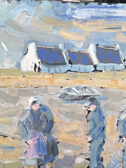 Fisherfolk Figures Prepping the Casting On The Shore Landscape Oil Painting - Image 3