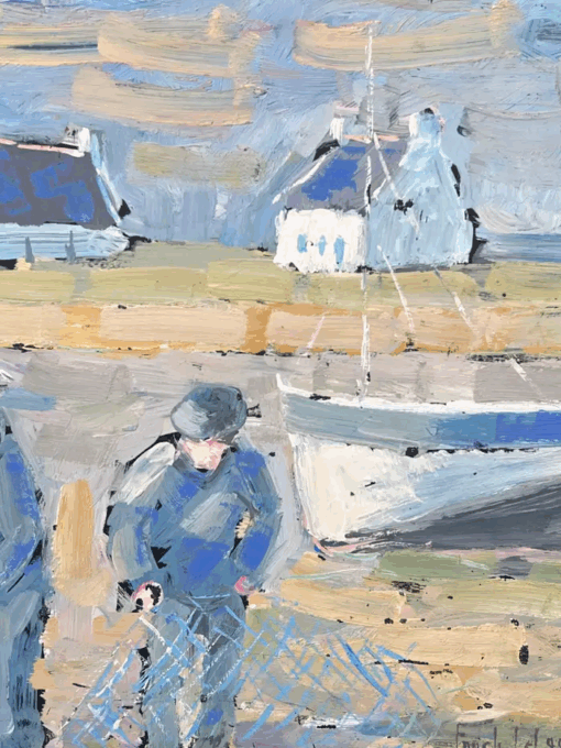 Fisherfolk Figures Prepping the Casting On The Shore Landscape Oil Painting - Image 4