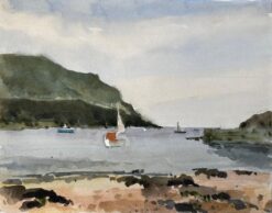 Hope Cove Devon Harbour View with Sailboats and Beach Watercolour Painting 1984