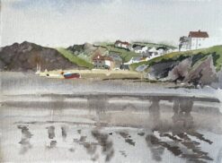 Hope Cove Devon Coastal Village with Reflections Boats and Cliffs Watercolour