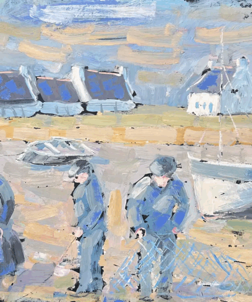 Fisherfolk Figures Prepping the Casting On The Shore Landscape Oil Painting - Image 5