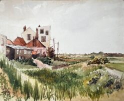 British Village Edge Red Roof Houses and Rural Track Watercolour Landscape