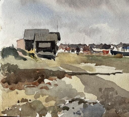 Coastal Harbour View with Boat Sheds and Marina British Watercolour Landscape - Image 3