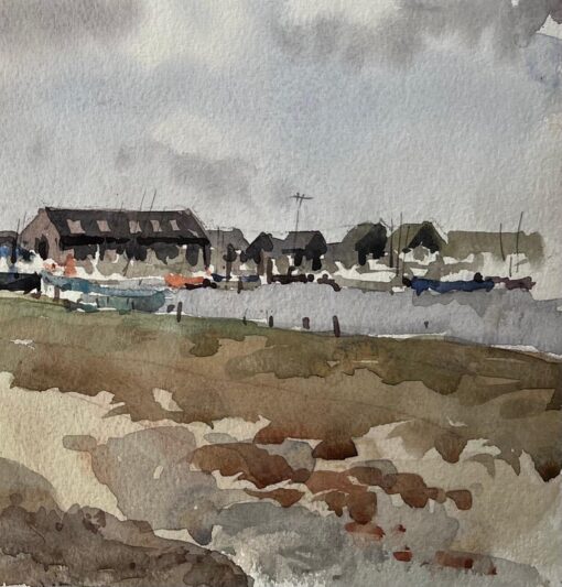 Coastal Harbour View with Boat Sheds and Marina British Watercolour Landscape - Image 5
