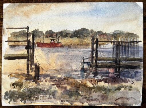 Coastal Harbour View with Boat Sheds and Marina British Watercolour Landscape - Image 8